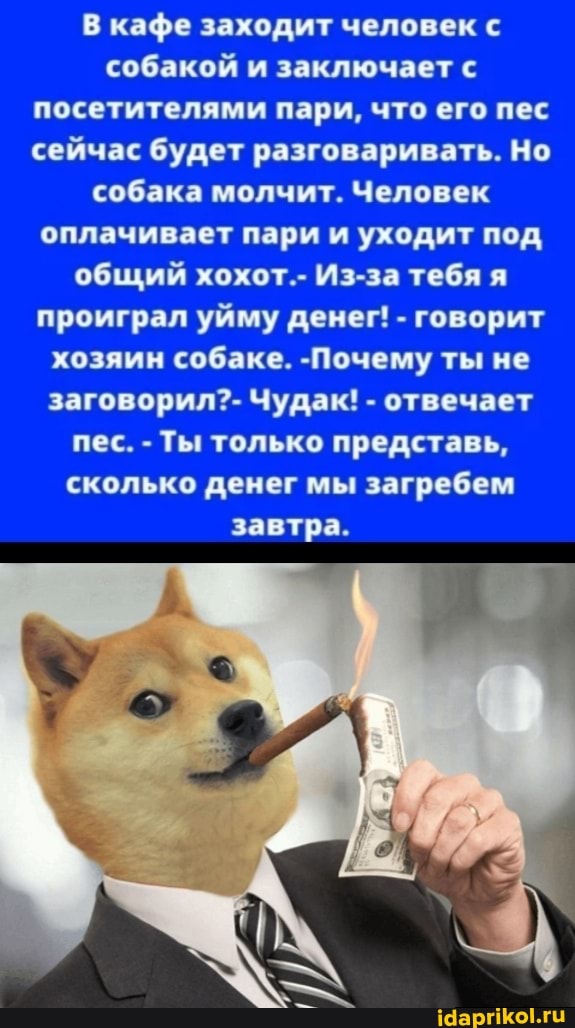 В кафе заходит человек с собакой и заключает с посетителями пари, что его пес сейчас будет разговаривать. Но собака молчит. Человек оплачивает пари и уходит под общий хохот.- Из-за тебя я проиграл уйму денег! - говорит хозяин собаке. -Почему ты не заговорил?- Чудак! - отвечает пес. - Ты только представь, сколько денег мы загребем завтра.