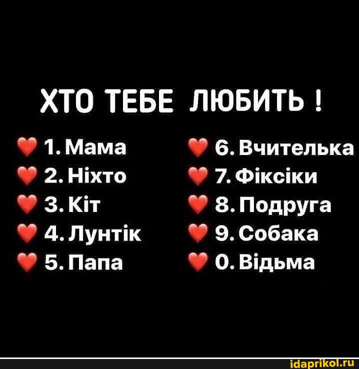 ХТО ТЕБЕ ЛЮБИТЬ 1
1.Мама
Лунтк
5. Папа
7, кеки
Подруга
Собака