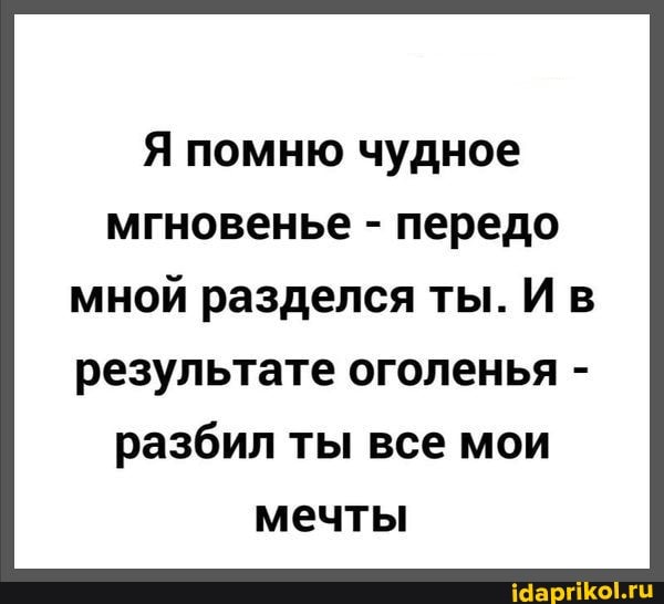 Я помню чудное мгновенье - передо
мной разделся ты. И в результате оголенья - разбил ты все мои мечты
