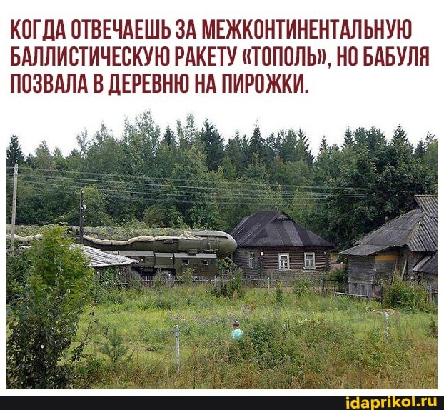 КОГДА ОТВЕЧАЕШЬ ЗА МЕЖКОНТИНЕНТАЛЬНУЮ БАЛЛИСТИЧЕСКУЮ РАКЕТУ "ТОПОЛЬ", НО БАБУЛЯ ПОЗВАЛА В ДЕРЕВНЮ НА ПИРОЖКИ.