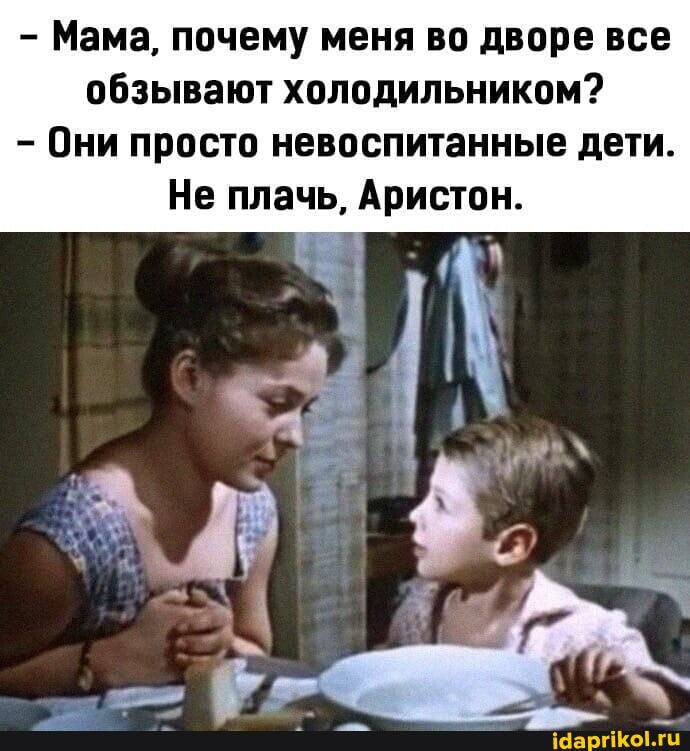 - Мама, почему меня во дворе все обзывают холодильником?
Они просто невоспитанные дети.
Не плачь, Аристон.