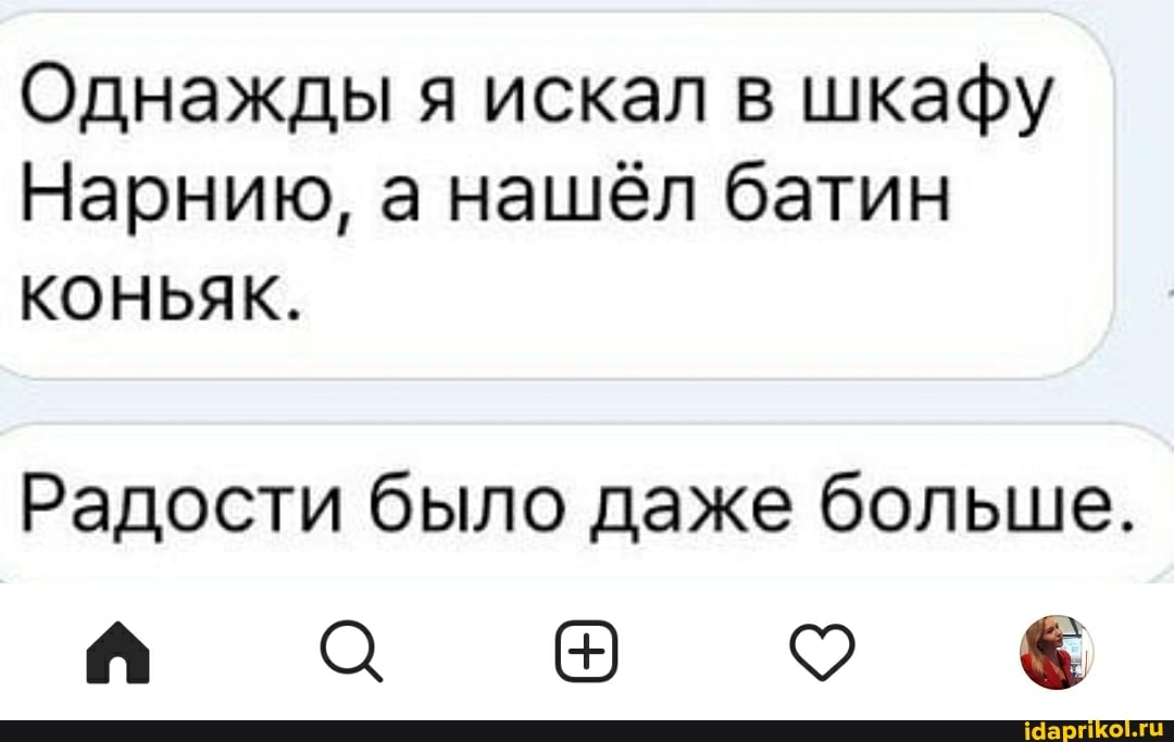 Однажды я искал в шкафу
Нарнию, а нашёл батин
КОНЬЯК.
Радости было даже больше.