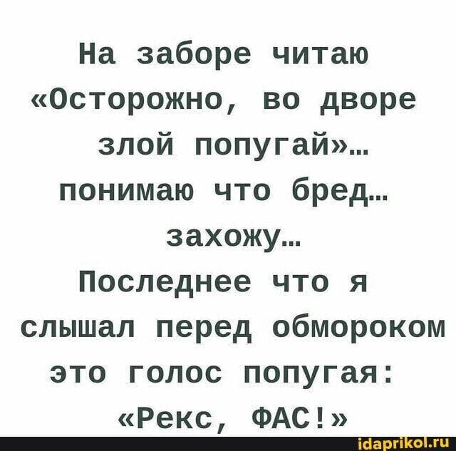 На заборе читаю
"Осторожно, во дворе злой попугай"...
понимаю что бред...
захожу...
Последнее что я слышал перед обмороком это голос попугая:
"Рекс, ФАС!"