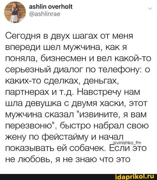 Сегодня в двух шагах от меня впереди шел мужчина, как я поняла, бизнесмен и вел какой-то серьезный диалог по телефону: о каких-то сделках, деньгах, партнерах и т.д. Навстречу нам шла девушка с двумя хаски, этот мужчина сказал "извините, я вам перезвоню", быстро набрал свою жену по фейстайму и начал показывать ей собачек. ЕСЛИ 'это не любовь, я не знаю что это
