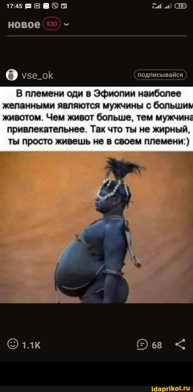 подписывайся
новое
В племени оди в Эфиопии наиболее желанными являются мужчины с больши животом. Чем живот больше, тем мужчина
привлекательнее. Так что ты не жирный, ты просто живешь не в своем племени:)
