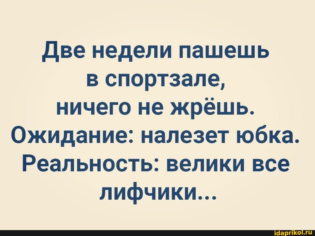 Две недели пашешь в спортзале, ничего не жрёшь.
Ожидание: налезет юбка.
Реальность: велики все лифчики...