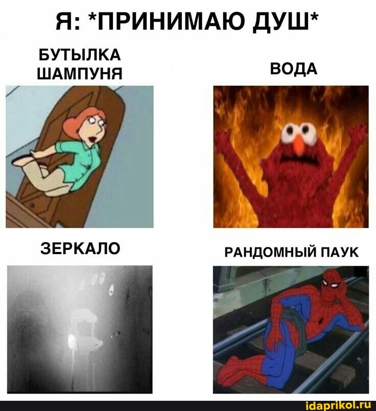 Я: *ПРИНИМАЮ ДУШ*
БУТЫЛКА ШАМПУНЯ ВОДА
ЗЕРКАЛО РАНДОМНЫЙ ПАУК