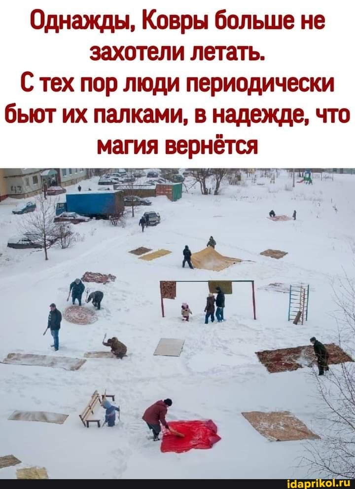 Однажды, Ковры больше не захотели летать.
С тех пор люди периодически бьют их палками, в надежде, что магия вернётся
