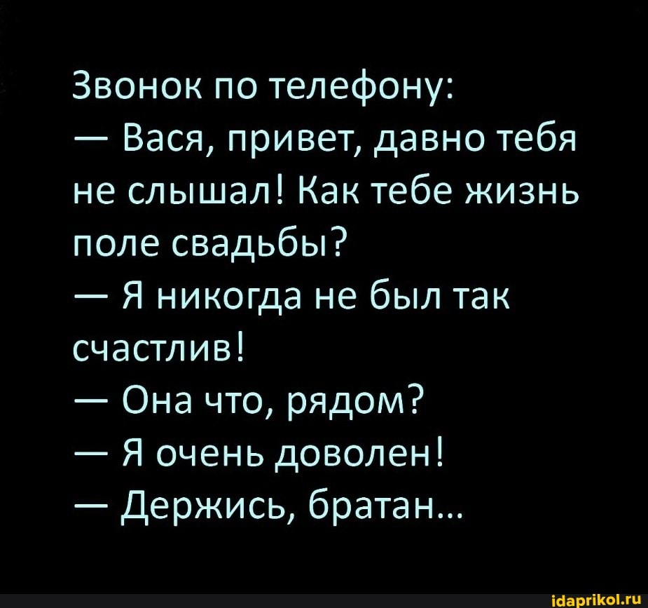 Звонок по телефону:
- Вася, привет, давно тебя не слышал! Как тебе жизнь поле свадьбы?
- Я никогда не был так счастлив!
- Она что, рядом?
- Я очень доволен!
- Держись, братан...