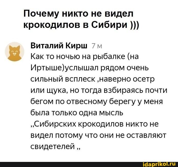 Почему никто не видел крокодилов в Сибири
Виталий Кирш
Как то ночью на рыбалке (на рядом очень сильный всплеск 'наверно осетр или щука, но тогда взбираясь почти бегом по отвесному берегу у меня была только одна мысль
"Сибирских крокодилов никто не видел потому что они не оставляют свидетелей