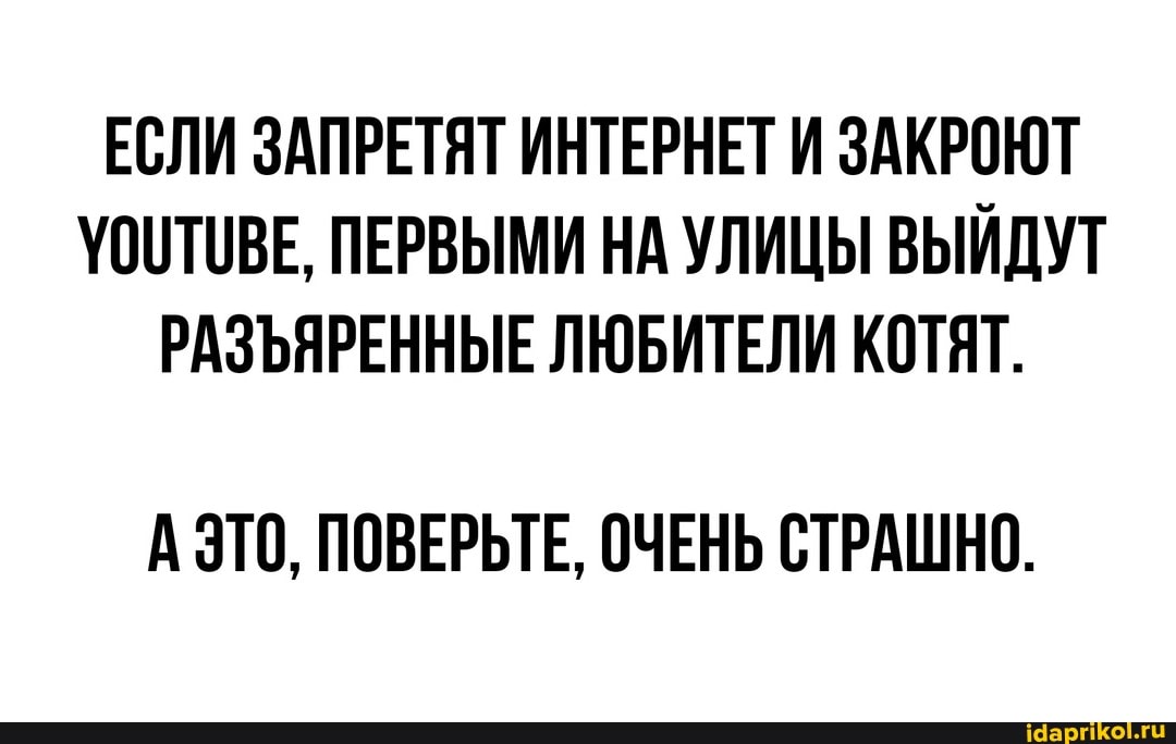 ЕСЛИ ЗАПРЕТЯТ ИНТЕРНЕТ И ЗАКРОЮТ УСИТИВЕ, ПЕРВЫМИ НА УЛИЦЫ ВЫЙДУТ РАЗЪЯРЕННЫЕ ЛЮБИТЕЛИ КОТЯТ.
А ЭТО, ПОВЕРЬТЕ, ОЧЕНЬ СТРАШНО.
