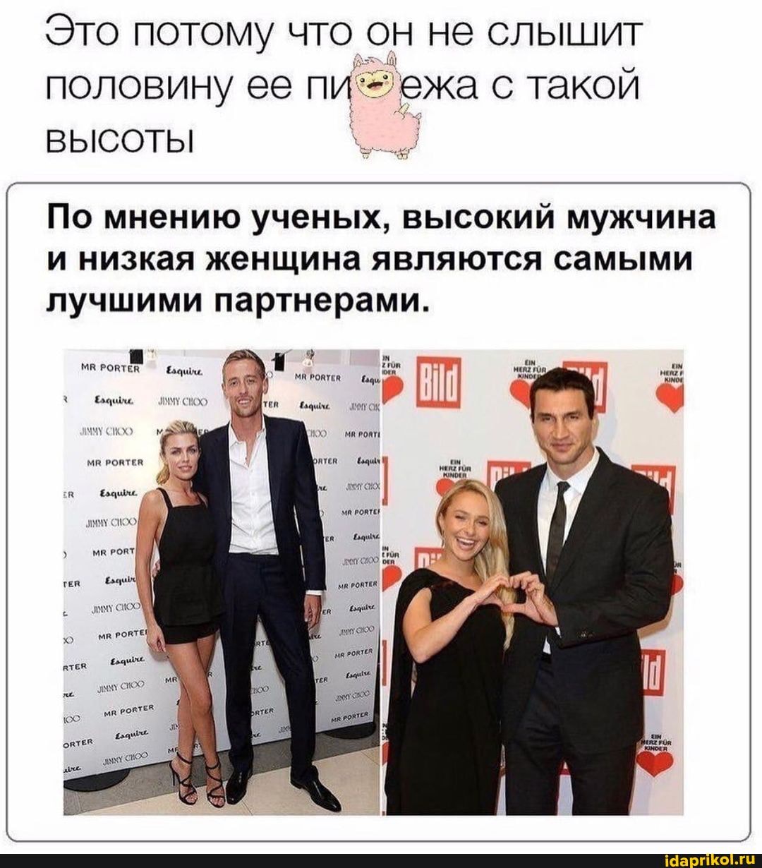 Это потому что он не слышит половину ее пи`- ежа с такой высоты
По мнению ученых, высокий мужчина I и низкая женщина являются самыми лучшими партнерами.