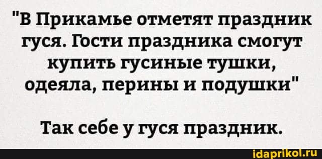 "В Прикамье отметят праздник гуся. Гости праздника смогут купить гусиные тушки, одеяла, перины и подушки"
Так себе у гуся праздник.