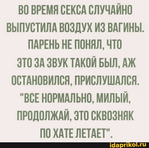 ВО ВРЕМЯ СЕКСА СЛУЧАЙНО ВЫПУСТИЛА ВОЗДУХ ИЗ ВАГИНЫ.
ПАРЕНЬ НЕ ПОНЯЛ, ЧТО ЭТО ЗА ЗВУК ТАКОЙ БЫЛ, АЖ ОСТАНОВИЛСЯ, ПРИСЛУШАЛСЯ.
"ВСЕ НОРМАЛЬНО, МИЛЫЙ,
ПРОДОЛЖАЙ, ЭТО СКВОЗНЯК ПО ХАТЕ ЛЕТАЕТ".