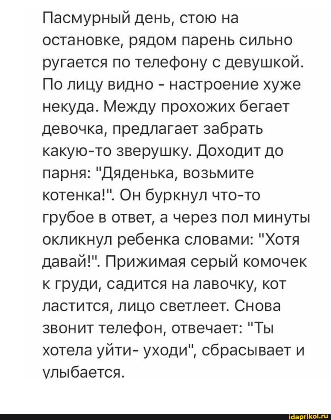 Пасмурный день, стою на остановке, рядом парень сильно ругается по телефону с девушкой.
По лицу видно - настроение хуже некуда. Между прохожих бегает девочка, предлагает забрать какую-то зверушку. Доходит до парня: "Дяденька, возьмите котенка!". Он буркнул что-то грубое в ответ, а через пол минуты окликнул ребенка словами: "Хотя давай!". Прижимая серый комочек к груди, садится на лавочку, кот ластится, лицо светлеет. Снова звонит телефон, отвечает: "Ты хотела уйти- уходи", сбрасывает и улыбается.