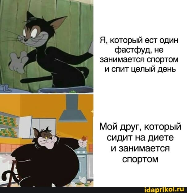 Я, который ест один фастфуд, не занимается спортом и спит целый день
Мой друг, который сидит на диете и занимается спортом