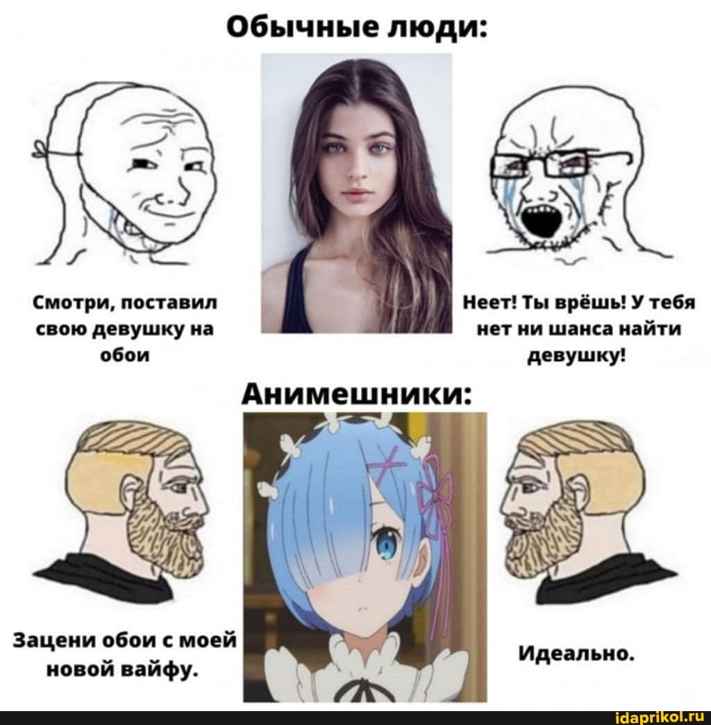 Обычные люди:
Смотри, поставил Неет! Ты врёшь! У тебя свою девушку на нет ни шанса найти обои девушку!
Анимешники:
Зацени обои с моей новой вайфу.
Идеально.
