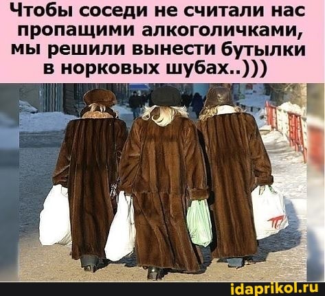 Чтобы соседи не считали нас
пропащими алкоголичками,
мы решили вынести бутылки в норковых шубах..)))