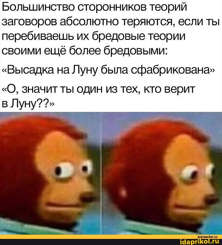 Большинство сторонников теорий заговоров абсолютно теряются, если ты перебиваешь их бредовые теории своими ещё более бредовыми:
"Высадка на Луну была сфабрикована"
"О, значит ты один из тех, кто верит в Луну?