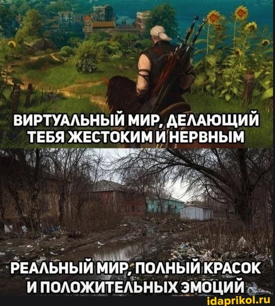 ВИРТУАЛЬНЫЙ МИР, ДЕЛАЮЩИЙ ТЕБЯ ЖЕСТОКИМ и НЕРВНЫМ
РЕАЛЬНЫЙ МИР: ПОЛНЫЙ КРАСОК И ПОЛОЖИТЕЛЬНЫХ ЭМОЦИЙ
