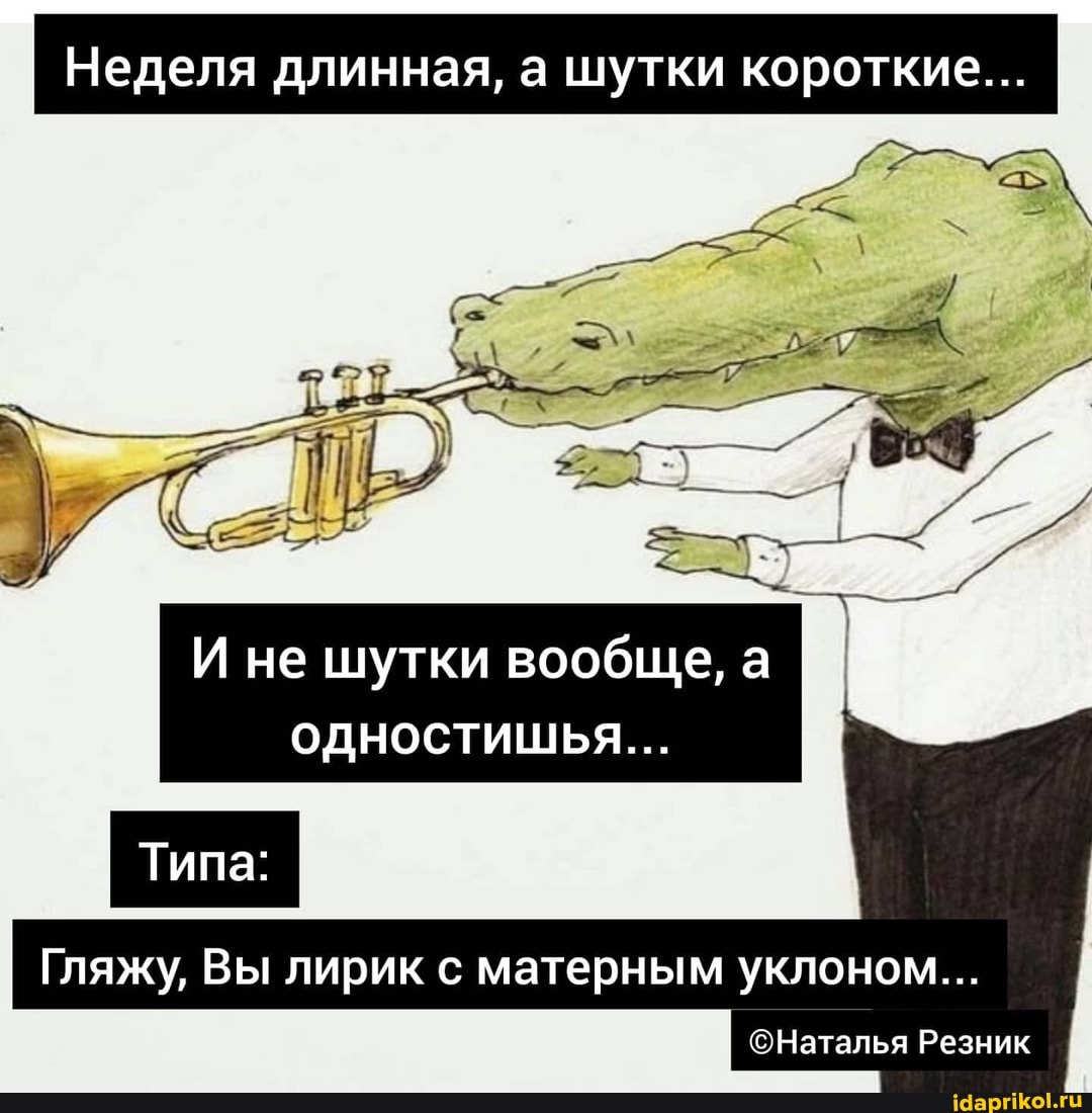 Неделя длинная, а шутки короткие...
И не шутки вообще, а
одностишья...
Типа:
I Гляжу, Вы лирик с матерным уклоном...
ОНаталья Резник