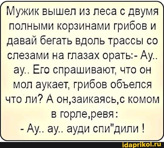 Мужик вышел из леса с двумя полными корзинами грибов и давай бегать вдоль трассы со слезами на глазах орать:- Ау.
ау.. Его спрашивают, что он
мол аукает, грибов обепся что ли? А Заикаясь, комом
в горле,ревя:
- Ау.. ау.. ауди !