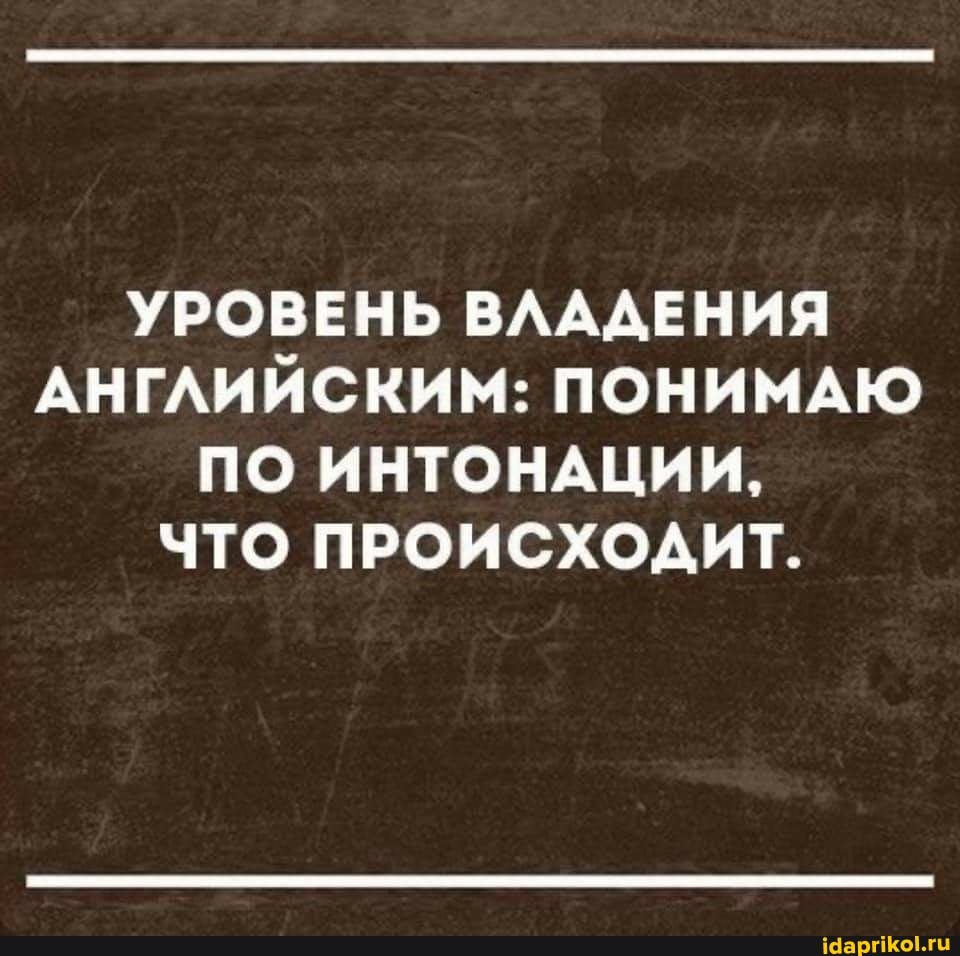 УРОВЕНЬ ВЛАДЕНИЯ АНГЛИЙСКИМ: ПОНИМАЮ ПО ИНТОНАЦИИ,
ЧТО ПРОИСХОДИТ.