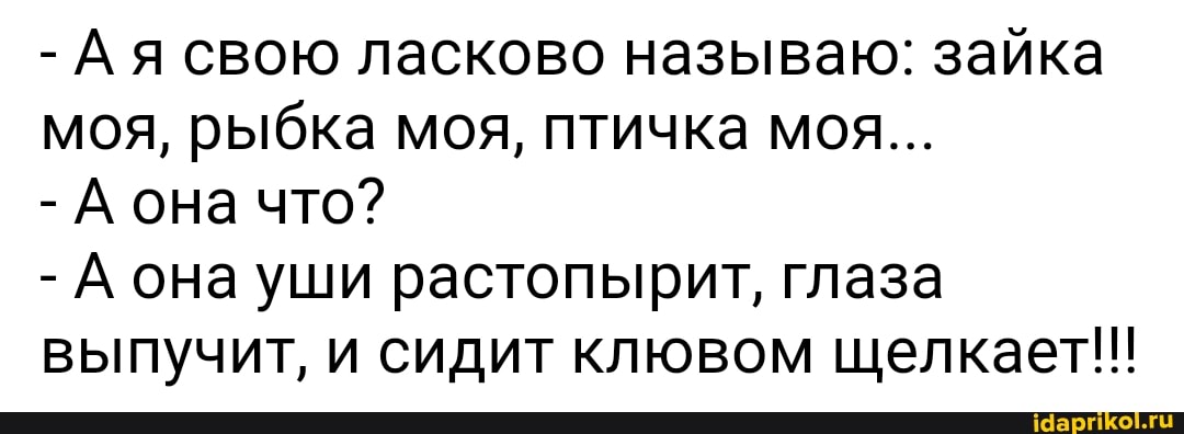 - Ая свою ласково называю: зайка моя, рыбка моя, птичка моя...
- А она что?
- А она уши растопырит, глаза выпучит, и сидит клювом щелкает!!!