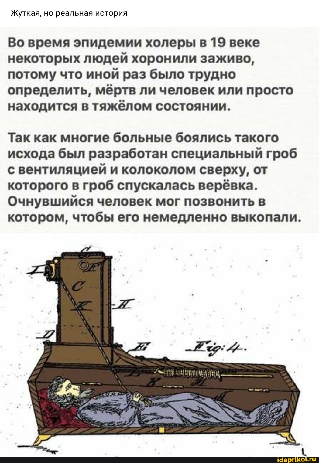 Жуткая, но реальная история
Во время эпидемии холеры в 19 веке некоторых людей хоронили заживо, потому что иной раз было трудно определить, мёртв ли человек или просто находится в тяжёлом состоянии.
Так как многие больные боялись такого исхода был разработан специальный гроб с вентиляцией и колоколом сверху, от которого в гроб спускалась верёвка.
Очнувшийся человек мог позвонить в котором, чтобы его немедленно выкопали.