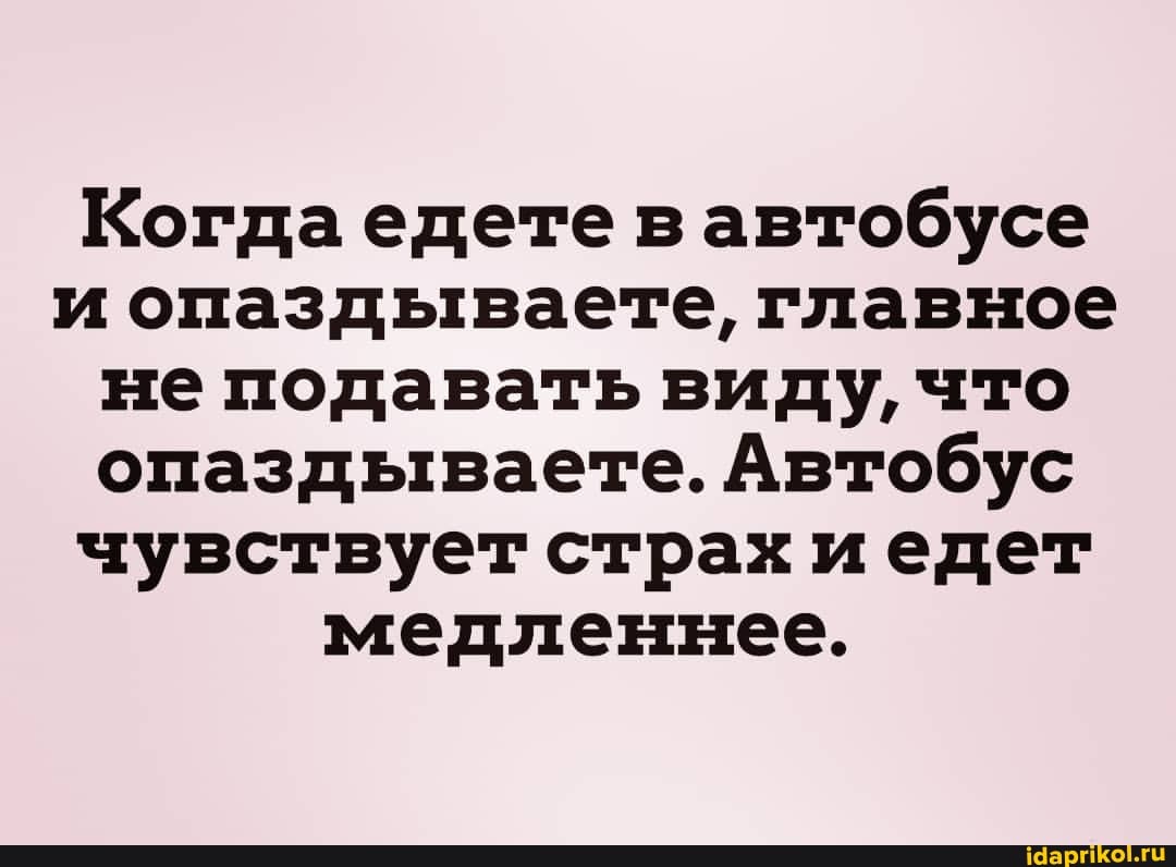 Когда едете в автобусе и опаздываете, главное не подавать виду, что опаздываете. Автобус чувствует страх иедет медленнее.