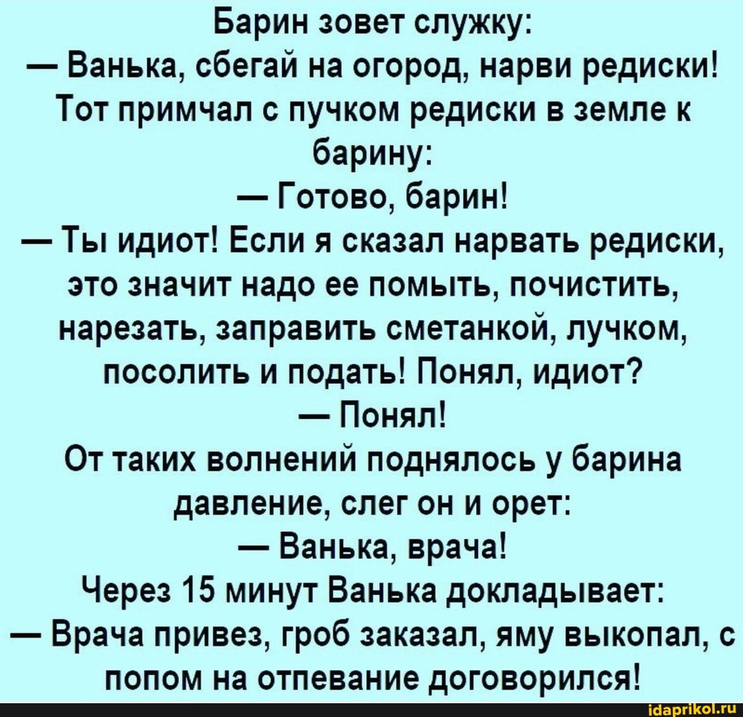 Барин зовет служку:
- Ванька, сбегай на огород, нарви редиски!
Тот примчал с пучком редиски в земле к барину:
- Готово, барин!
- Ты идиот! Если я сказал нарвать редиски, это значит надо ее помыть, почистить, нарезать, заправить сметанкой, лучком, посолить и подать! Понял, идиот?
- Понял!
От таких волнений поднялось у барина давление, слег он и орет:
- Ванька, врача!
Через 15 минут Ванька докладывает:
- Врача привез, гроб заказал, яму выкопал, с попом на отпевание договорился!