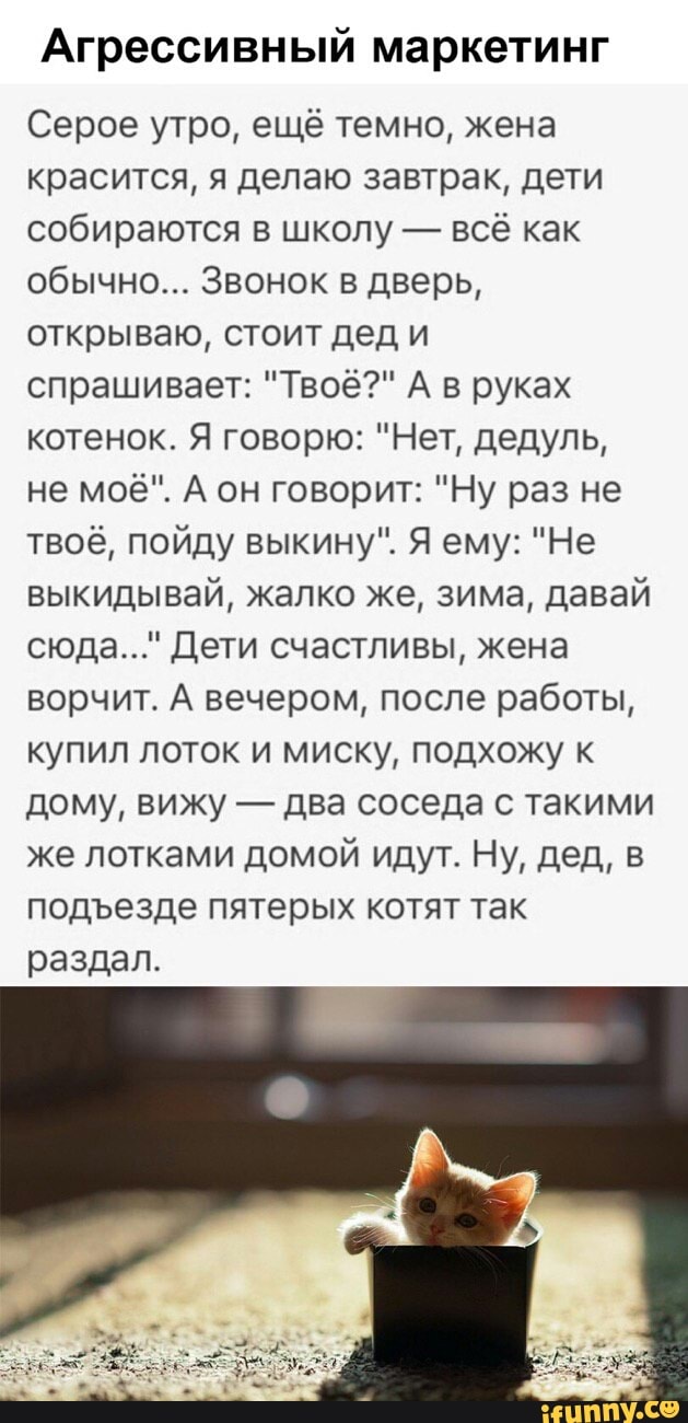 Агрессивный маркетинг
Серое утро, ещё темно, жена
красится, я делаю завтрак, дети
собираются в школу всё как
обычно... Звонок в дверь,
открываю, стоит дед и
спрашивает: "Твоё?" А в руках
котенок. Я говорю: "Нет, дедуль,
твоё, пойду выкину". Я ему: "Не
выкидывай, жалко же, зима, давай
сюда..." Дети счастливы, жена
ворчит. А вечером, после работы,
купил лоток и миску, подхожу к
два соседа с такими
же лотками домой идут. Ну, дед, в
подъезде пятерых котят так
раздал.