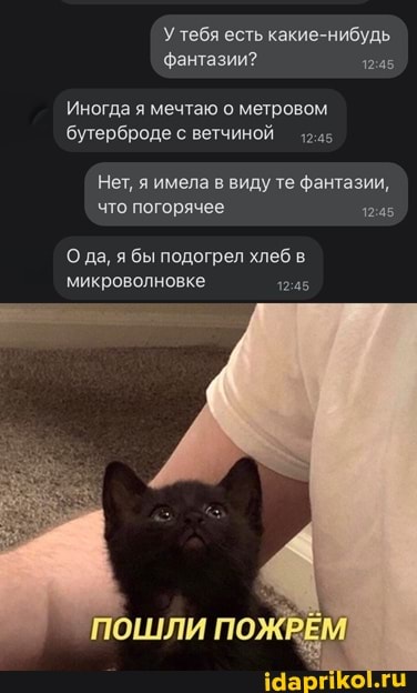 У тебя есть какие-нибудь фантазии?
Иногда я мечтаю о метровом бутерброде с ветчиной
Нет, я имела в виду те фантазии, что погорячее
О да, я бы подогрел хлеб в ик
ПОШЛИ ПОЖРЕМ