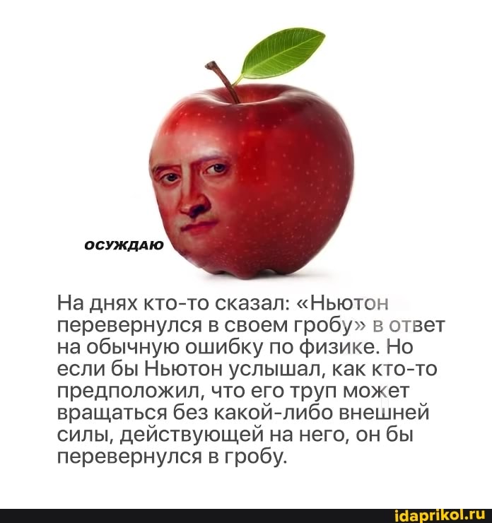 ОСУЖДАЮ
На днях кто-то сказал: "Ньютон перевернулся в своем гробу" в ответ на обычную ошибку по физике. Но если бы Ньютон услышал, как кто-то предположил, что его труп может вращаться без какой-либо внешней силы, действующей на него, он бы перевернулся в гробу.