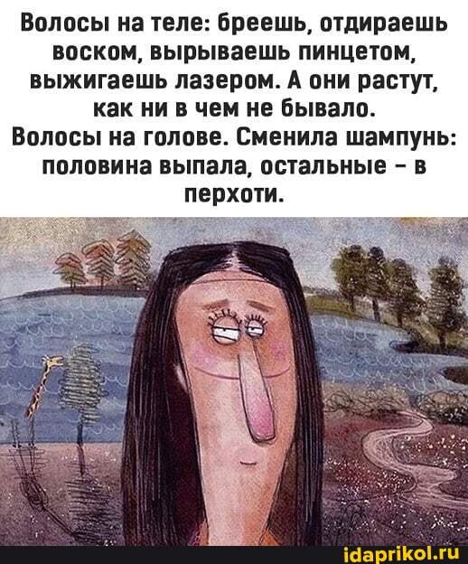 Волосы на теле: бреешь, отдираешь воском, вырываешь пинцетом, выжигаешь лазером. А они растут, как ни в чем не бывало.
Волосы на голове. Сменила шампунь: половина выпала, остальные - в перхоти.
