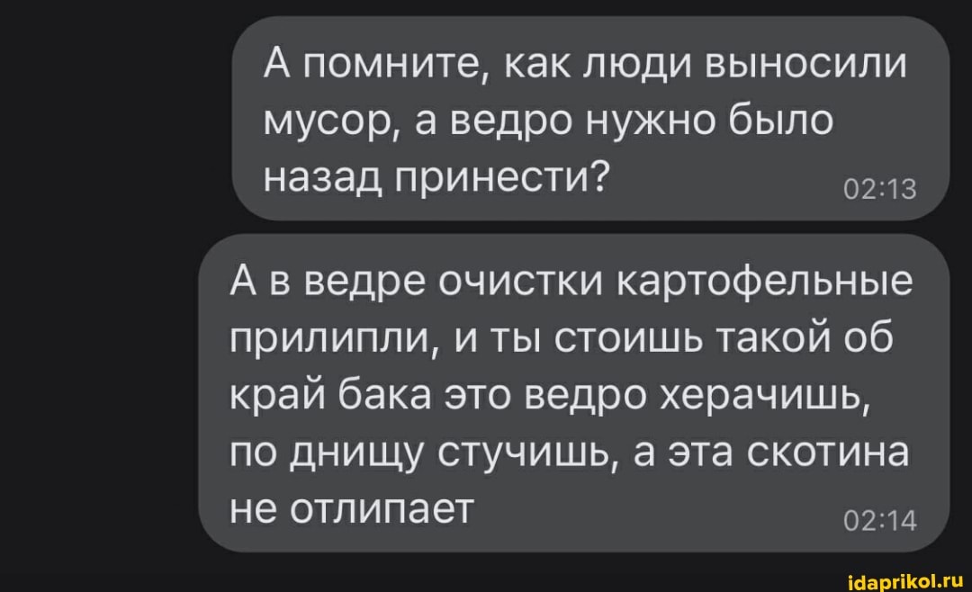 А помните, как люди выносили мусор, а ведро нужно было назад принести?
А в ведре очистки картофельные прилипли, и ты стоишь такой об край бака это ведро херачишь, по днищу стучишь, а эта скотина не отлипает