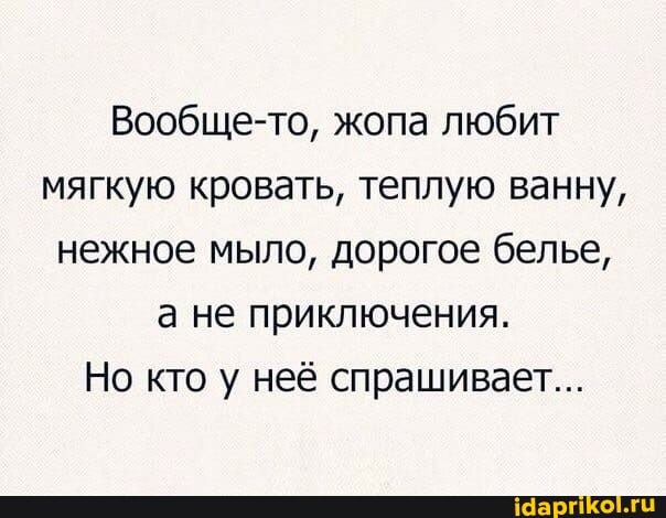 Вообще-то, жопа любит мягкую кровать, теплую ванну, нежное мыло, дорогое белье, а не приключения.
Но кто у неё спрашивает...
