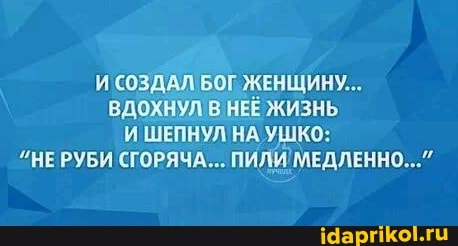_И И СОЗДАЛ БОГ ЖЕНЩИНУ...
ВДОХНУЛ В НЕЁ ЖИЗНЬ И ШЕПНУЛ НА УШКО:
НЕ РУБИ СГОРЯЧА... ПИЛИ МЕДЛЕННО..."