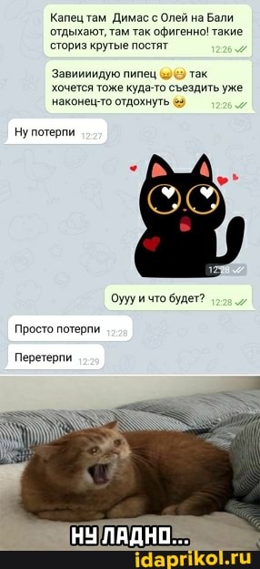 Капец там Димас с Олей на Бали отдыхают, там так офигенно! такие.
сториз крутые постят
Завиииидую пипец так хочется тоже куда-то сездить уже' наконец-то отдохнуть
Ну потерпи
Оуууичто будет?
Просто потерпи
Перетерпи,
НУ ЛАДНО...