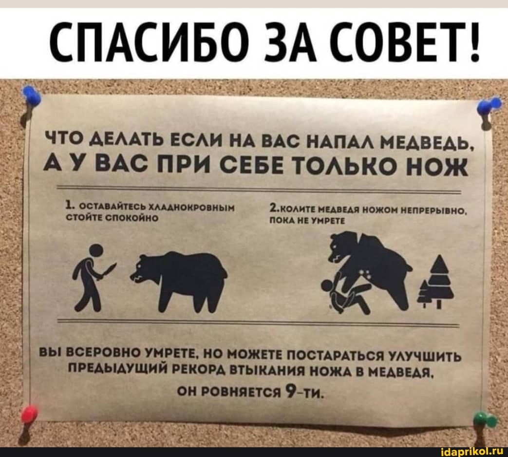 СПАСИБО ЗА СОВЕТ!
ЧТО ДЕЛАТЬ ЕСЛИ НА ВАС НАПАЛ МЕДВЕДЬ,
АУВАС ПРИ СЕБЕ ТОЛЬКО НОЖ
1. ОСТАВАЙТЕСЬ ХЛАДНОКРОВНЫМ 2.колитЕ МЕДВЕДЯ НОЖОМ НЕПРЕРЫВНО,
СТОЙТЕ СПОКОЙНО ПОКА НЕ УМРЕТЕ
I ЗМ
ВЫ ВСЕРОВНО УМРЕТЕ, НО МОЖЕТЕ ПОСТАРАТЬСЯ УЛУЧШИТЬ ПРЕДЫДУЩИЙ РЕКОРД ВТЫКАНИЯ НОЖА В МЕДВЕДЯ,
ОН РОВНЯЕТСЯ 9-Ти.