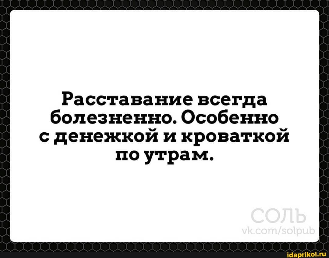 Расставание всегда болезненно. Особенно
с денежкой и кроваткой по утрам.
СОЛЬ