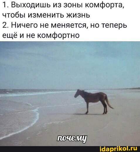 1. Выходишь из зоны комфорта, чтобы изменить жизнь
2. Ничего не меняется, но теперь ещё и не комфортно
печ нии
