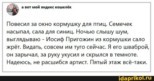 Повесил за окно кормушку для птиц. Семечек насыпал, сала для синиц. Ночью слышу шум, выглядываю - Иосиф Пригожин из кормушки сало жрёт. Видать, совсем им туго сейчас. Я его шваброй, он зарычал, за руку укусил и скрылся в темноте.
Надеюсь, не расшибся артист. Пятый этаж всё-таки.