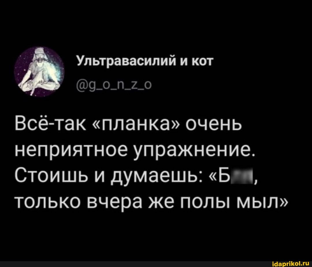 ' Ультравасилий и кот
Всё-так "планка" очень неприятное упражнение.
Стоишь и думаешь: "Б только вчера же полы мыл"