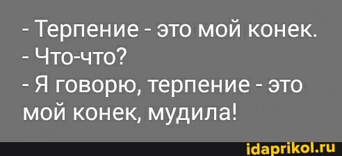 - Терпение - это мой конек.
- Что-что?
- Я говорю, терпение - это мой конек, мудила!