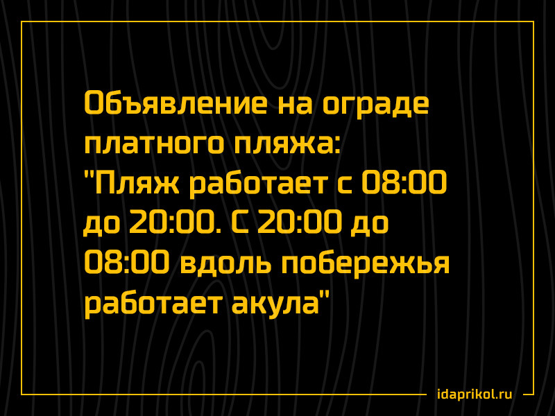 Объявление на ограде
платного пляжа:
"Пляж работает с 08:00
08:00 вдоль побережья
работает акула"