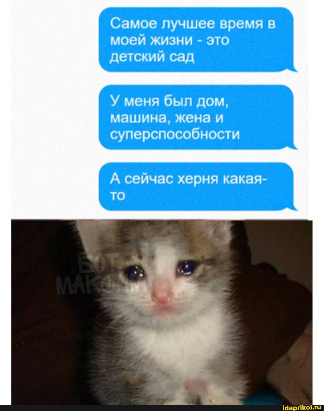 Самое лучшее время в моей жизни - это детский сад
У меня был дом, машина, жена и су ерспособ ос
А сейчас хер какая- то