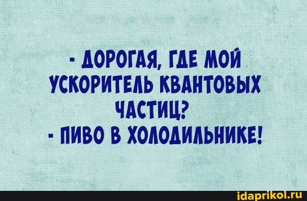 ДОРОГАЯ, ГДЕ МОЙ УСКОРИТЕЛЬ КВАНТОВЫХ ЧАСТИЦ?
ПИВО В ХОЛОДИЛЬНИКЕ!