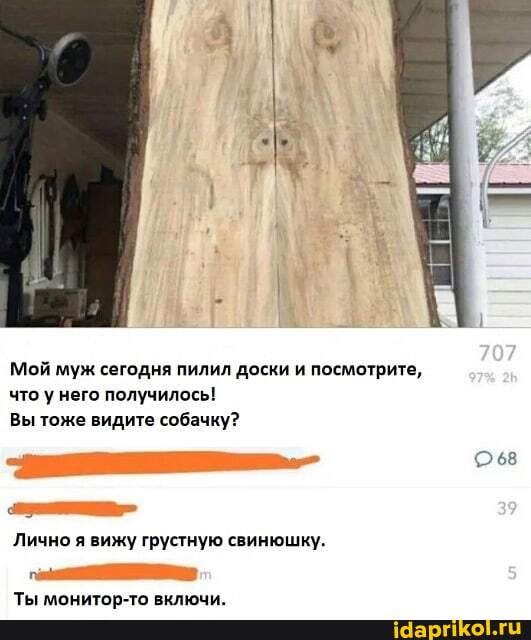 Мой муж сегодня пилил доски и посмотрите, что у него получилось!
Вы тоже видите собачку?
Лично я вижу грустную свинюшку.