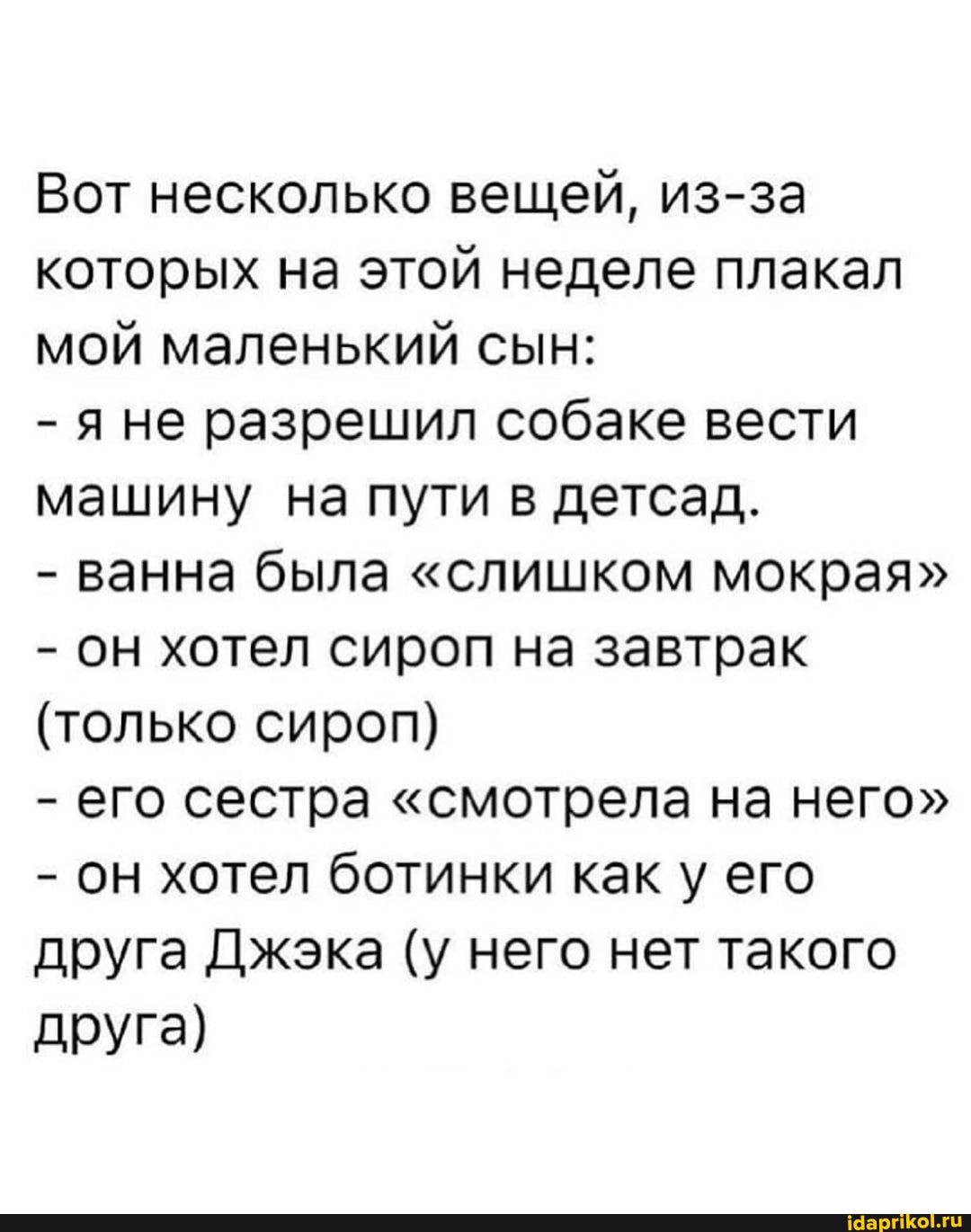 Вот несколько вещей, из-за которых на этой неделе плакал мой маленький сын:
- яне разрешил собаке вести машину на пути в детсад.
- ванна была "слишком мокрая"
- он хотел сироп на завтрак
(только сироп)
- его сестра "смотрела на него"
- он хотел ботинки как у его друга Джэка (у него нет такого
друга)